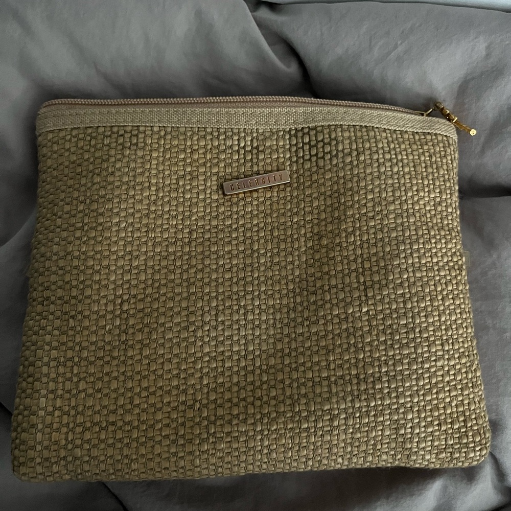 Tan Woven Cosmetic Bag with Zipper Closure
